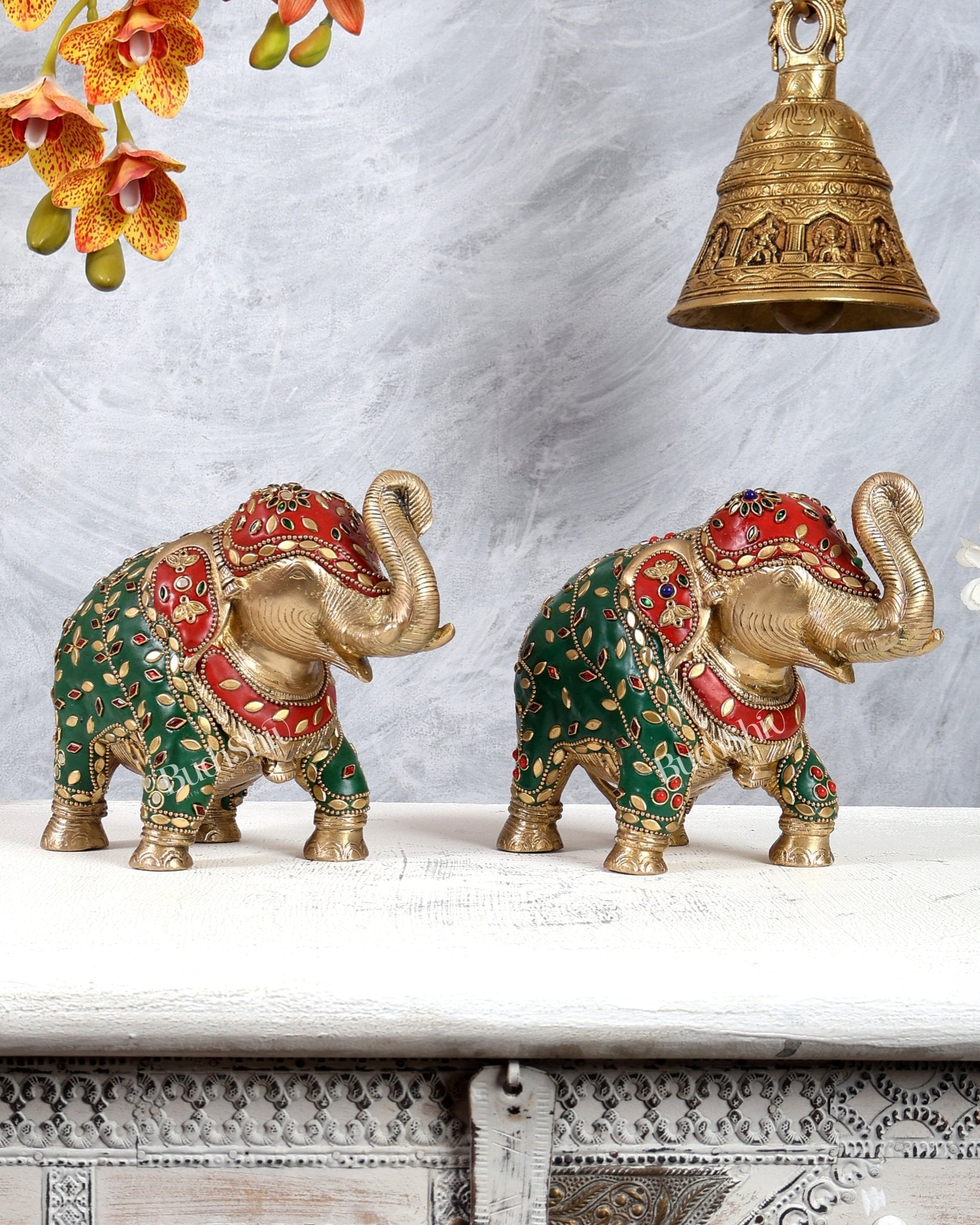 Brass Elephant Statue with meenakari 7" pair - Budhshiv.com