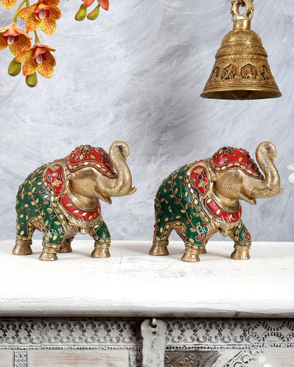 Brass Elephant Statue with meenakari 7" pair - Budhshiv.com