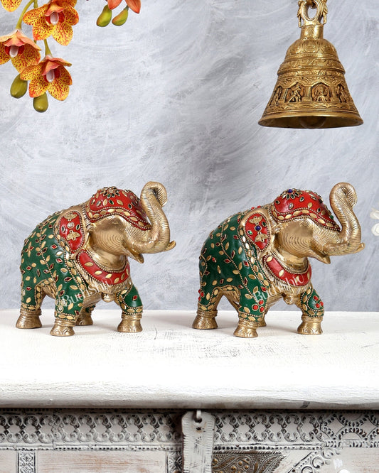 Brass Elephant Statue with meenakari 7" pair - Budhshiv.com