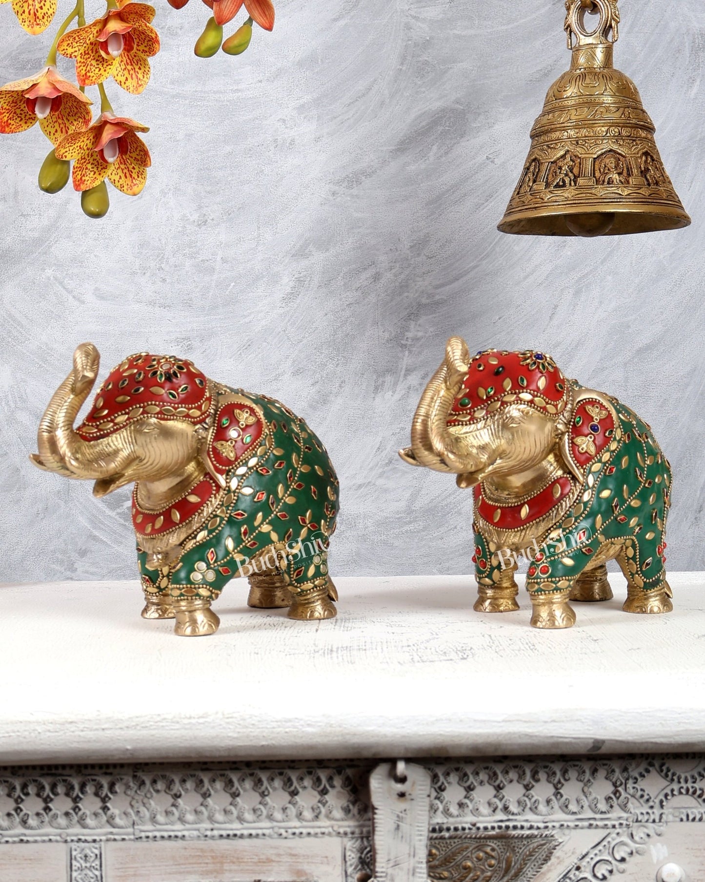 Brass Elephant Statue with meenakari 7" pair - Budhshiv.com