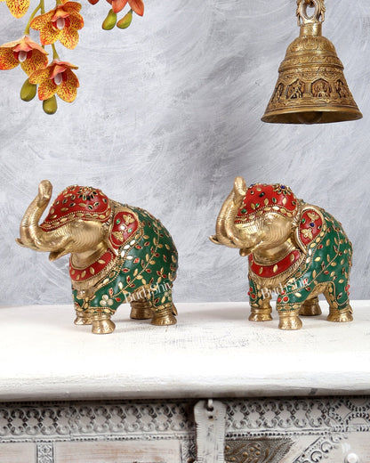 Brass Elephant Statue with meenakari 7" pair - Budhshiv.com