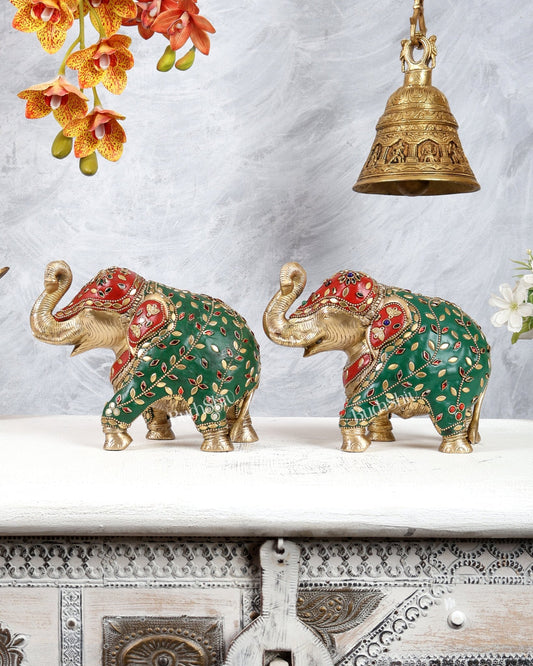 Brass Elephant Statue with meenakari 7" pair - Budhshiv.com