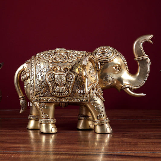 Brass Elephant with Dual Eagle Design 14" - Budhshiv.com