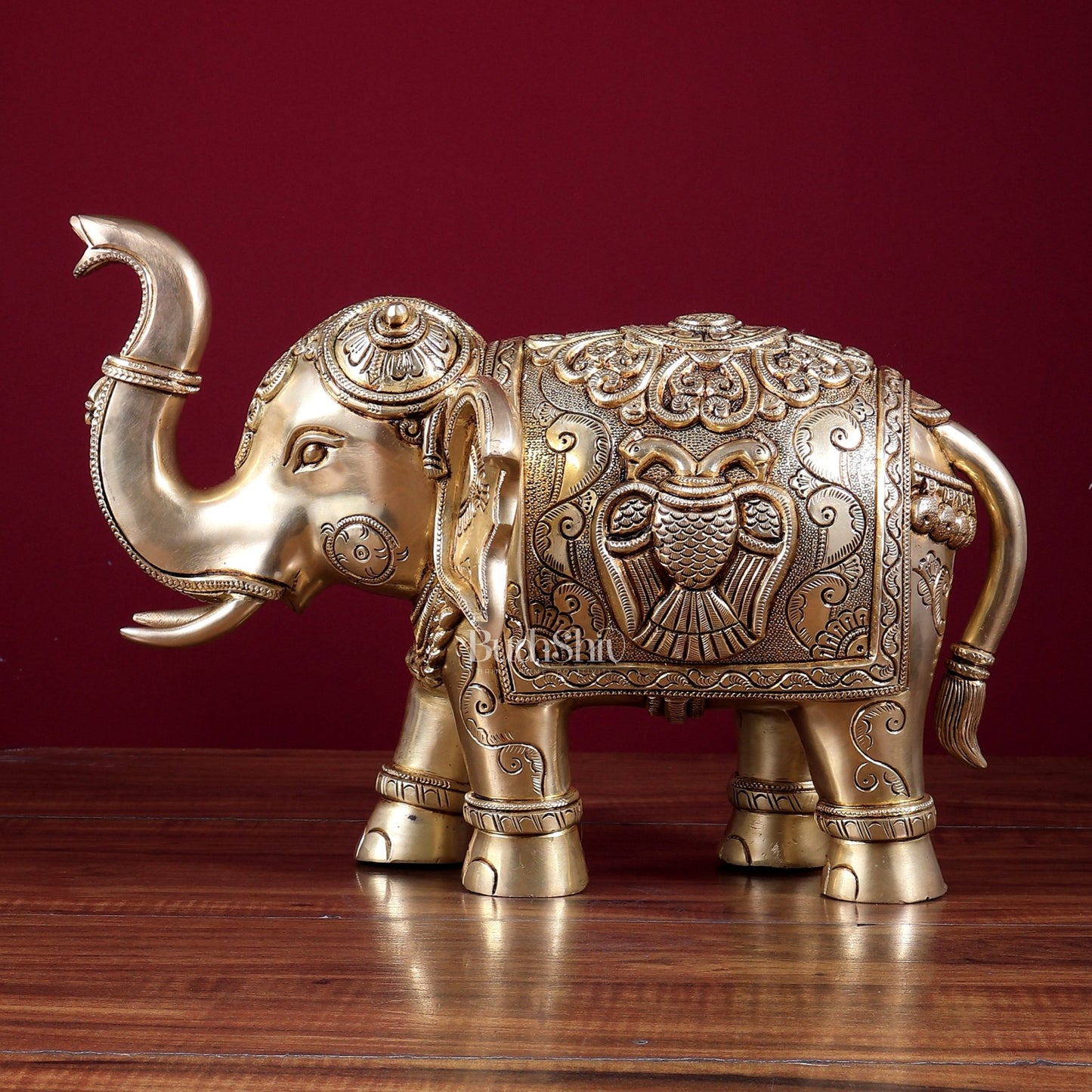 Brass Elephant with Dual Eagle Design 14" - Budhshiv.com