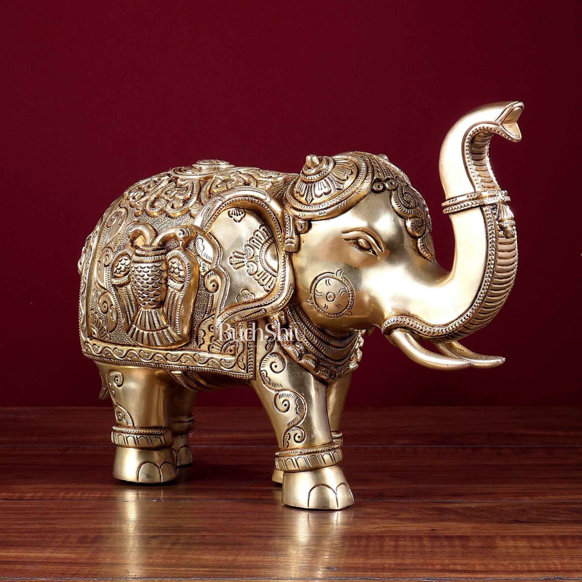 Brass Elephant with Dual Eagle Design 14" - Budhshiv.com