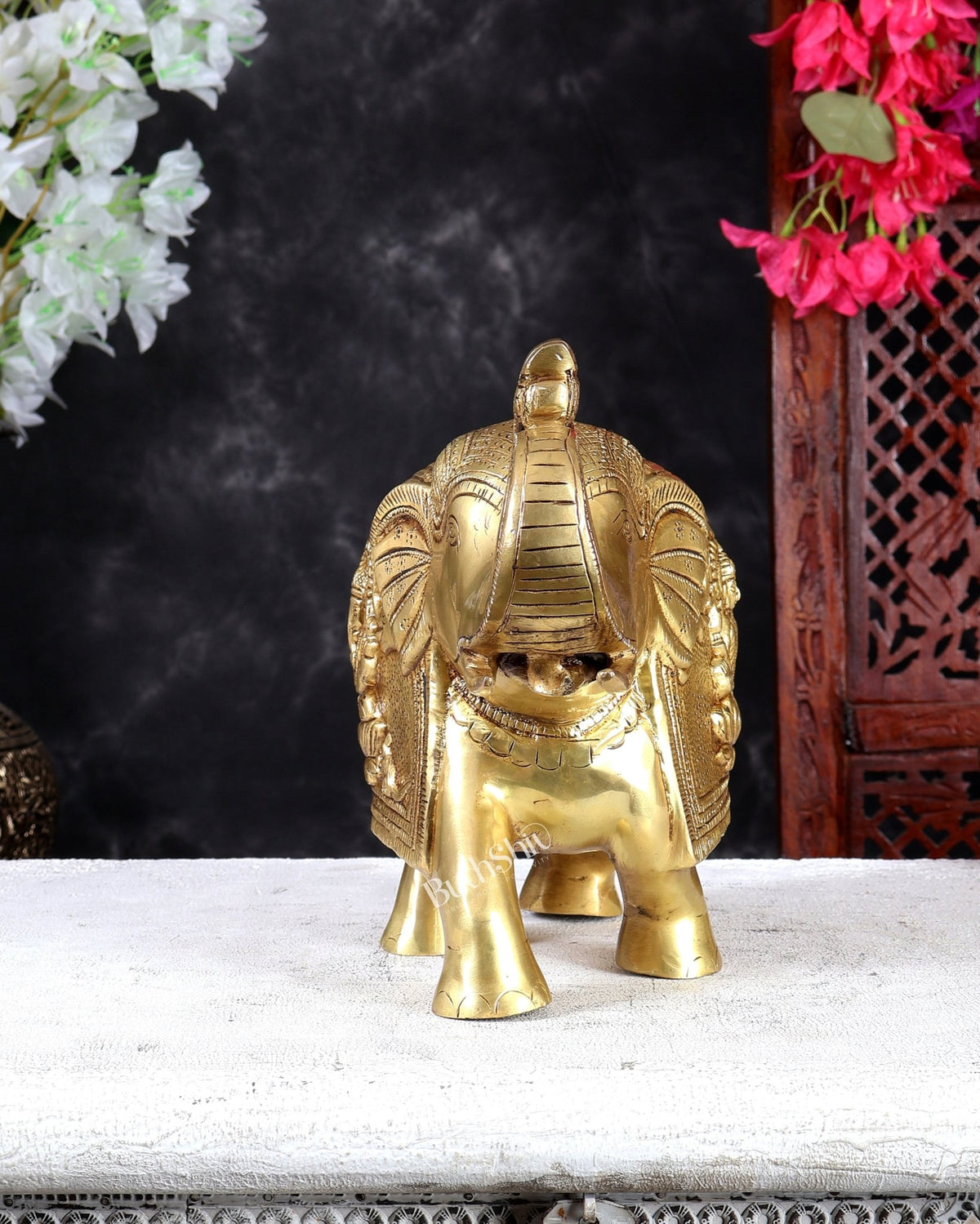 Brass Elephant with Gajalakshmi & Gaja Ganesha Carvings – Auspicious Sculpture 10 inch - Budhshiv.com