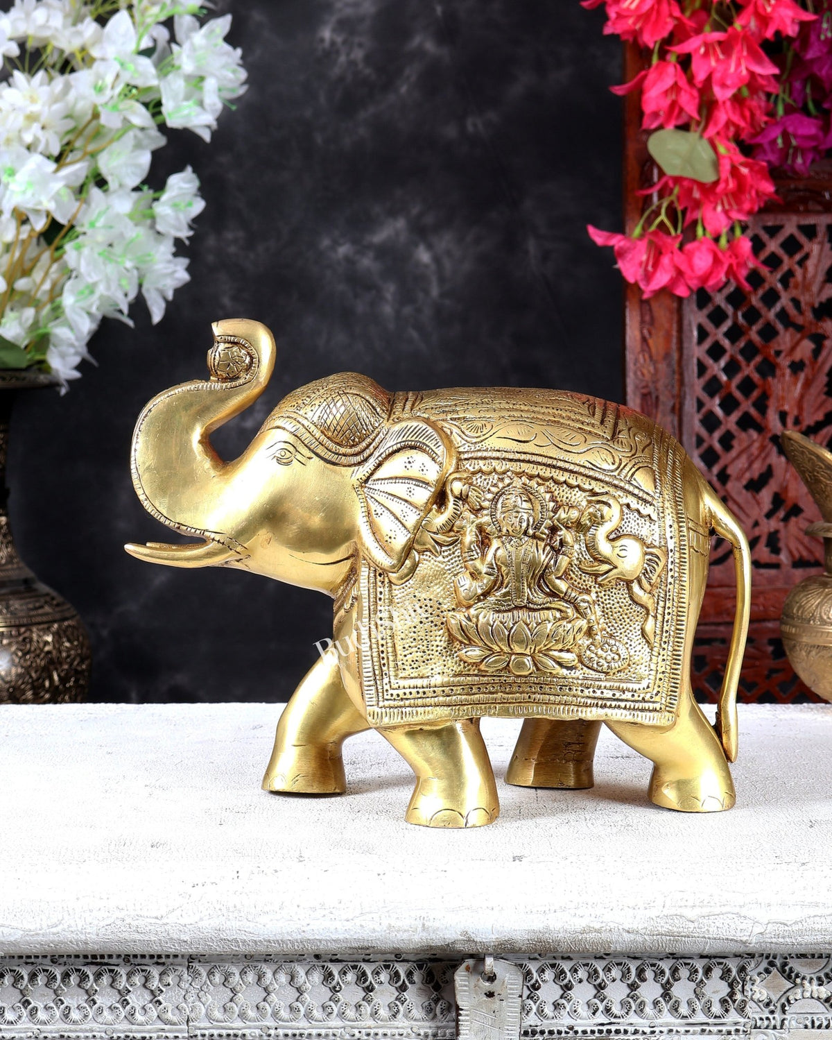 Brass Elephant with Gajalakshmi & Gaja Ganesha Carvings – Auspicious Sculpture 10 inch - Budhshiv.com