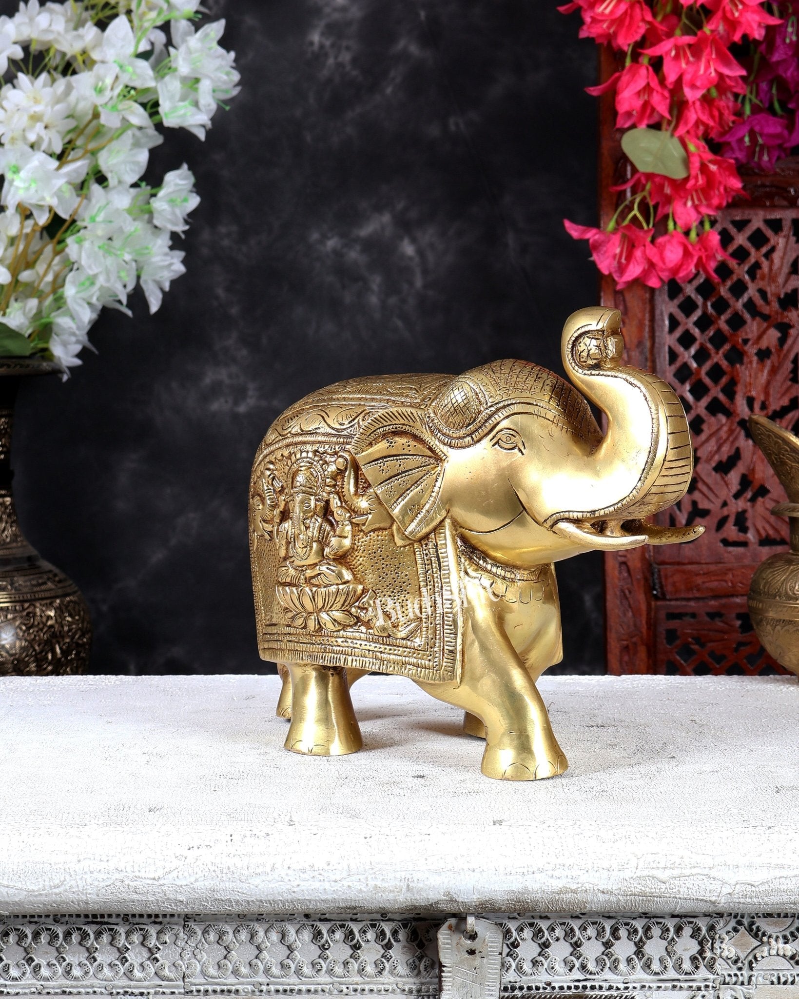 Brass Elephant with Gajalakshmi & Gaja Ganesha Carvings – Auspicious Sculpture 10 inch - Budhshiv.com