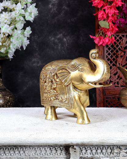 Brass Elephant with Gajalakshmi & Gaja Ganesha Carvings – Auspicious Sculpture 10 inch - Budhshiv.com