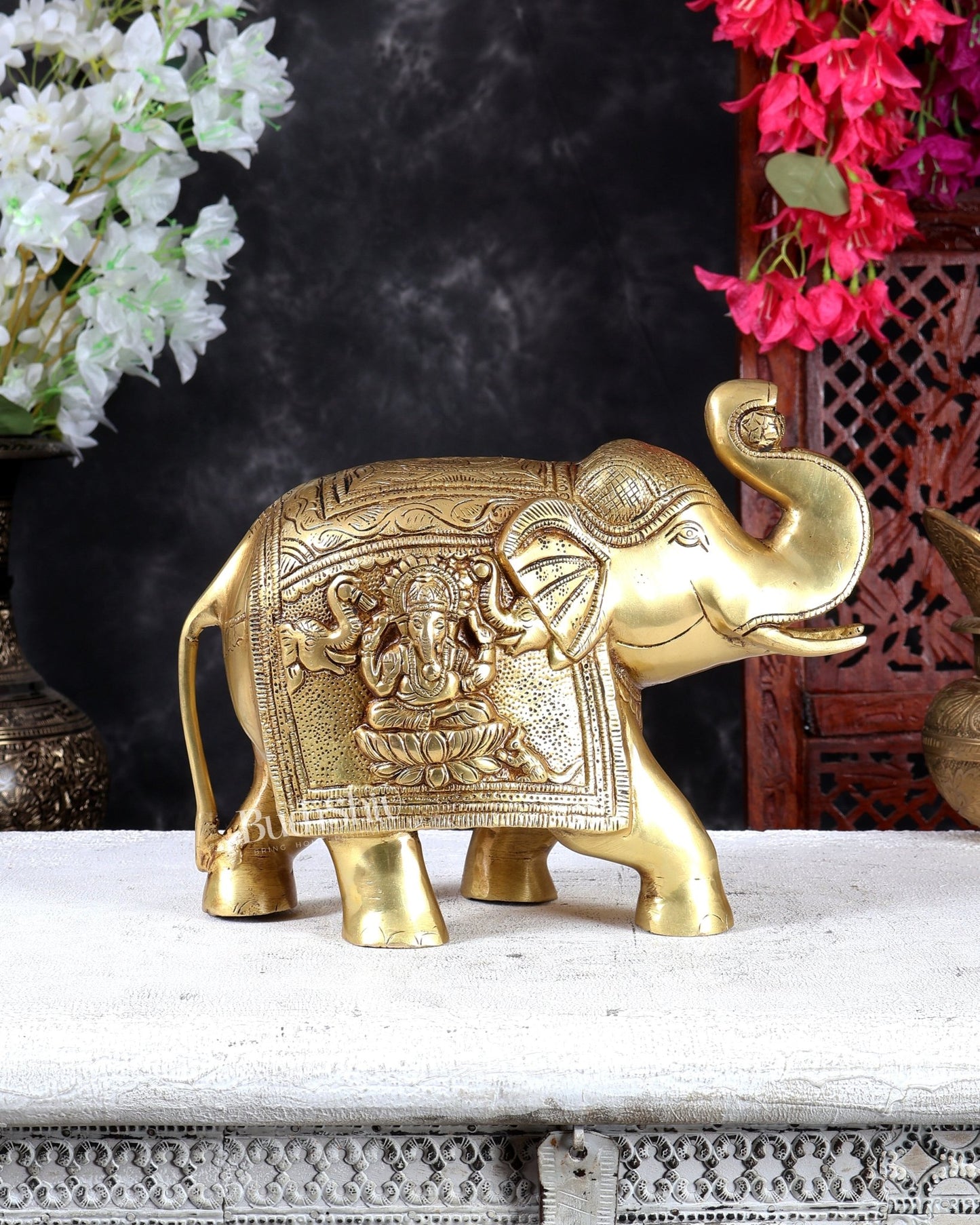 Brass Elephant with Gajalakshmi & Gaja Ganesha Carvings – Auspicious Sculpture 10 inch - Budhshiv.com
