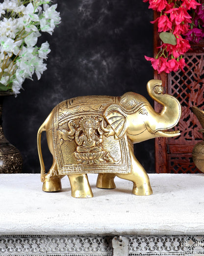 Brass Elephant with Gajalakshmi & Gaja Ganesha Carvings – Auspicious Sculpture 10 inch - Budhshiv.com