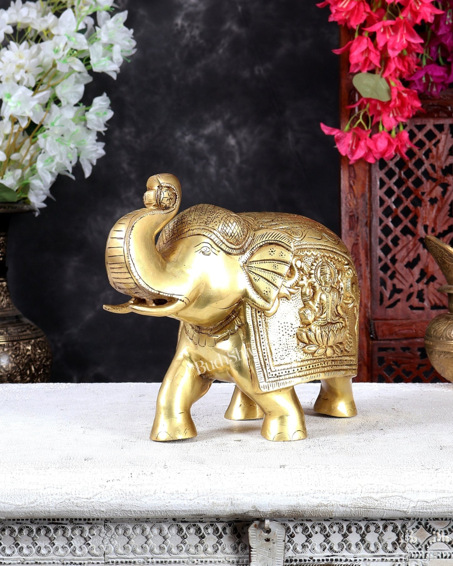 Brass Elephant with Gajalakshmi & Gaja Ganesha Carvings – Auspicious Sculpture 10 inch - Budhshiv.com