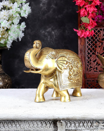 Brass Elephant with Gajalakshmi & Gaja Ganesha Carvings – Auspicious Sculpture 10 inch - Budhshiv.com