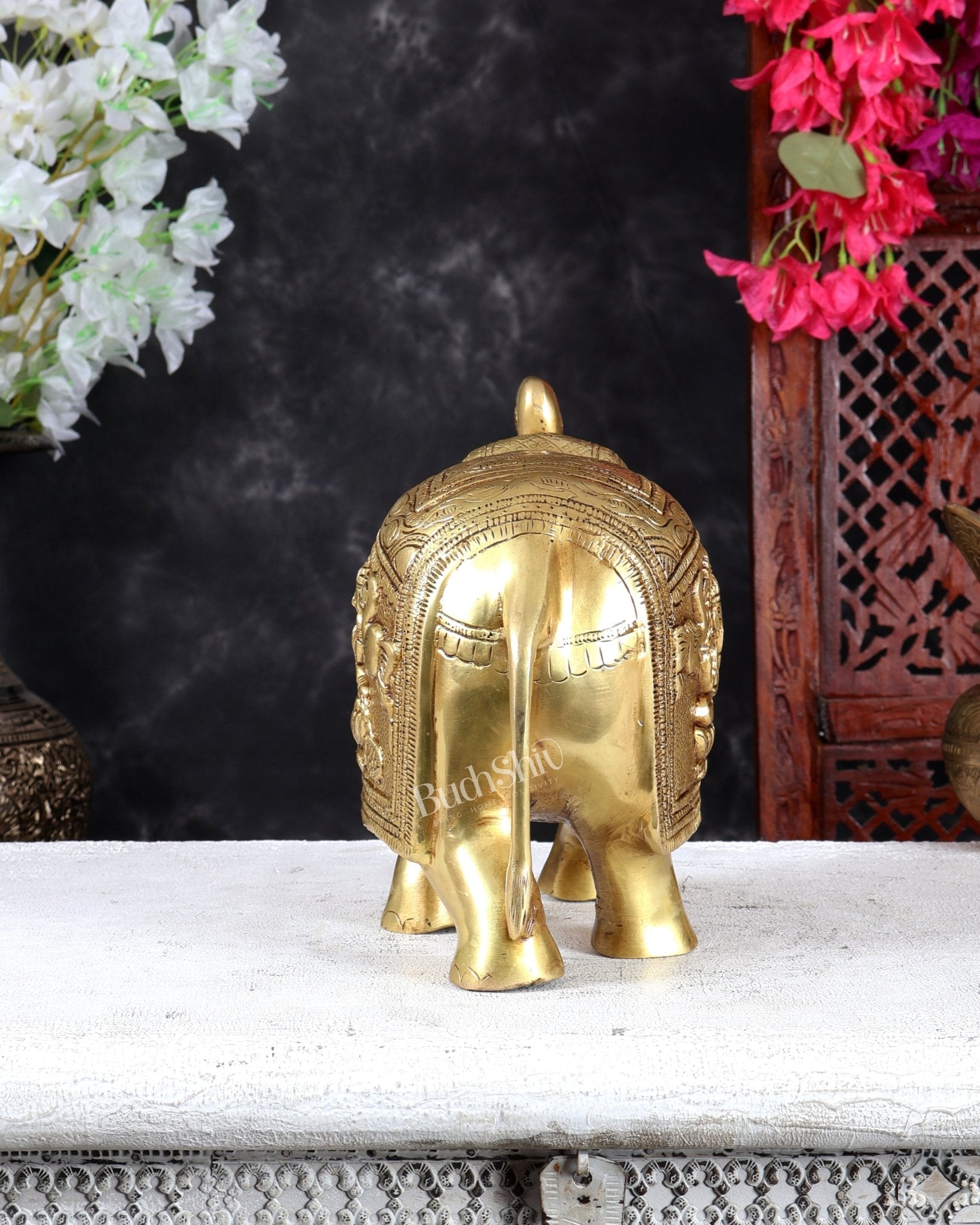Brass Elephant with Gajalakshmi & Gaja Ganesha Carvings – Auspicious Sculpture 10 inch - Budhshiv.com