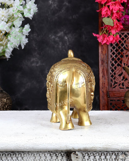 Brass Elephant with Gajalakshmi & Gaja Ganesha Carvings – Auspicious Sculpture 10 inch - Budhshiv.com