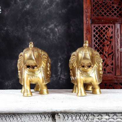 Brass Elephant with Gajalakshmi & Gaja Ganesha Carvings | Handcrafted Antique Finish | Pure Brass Vastu Décor - Budhshiv.com