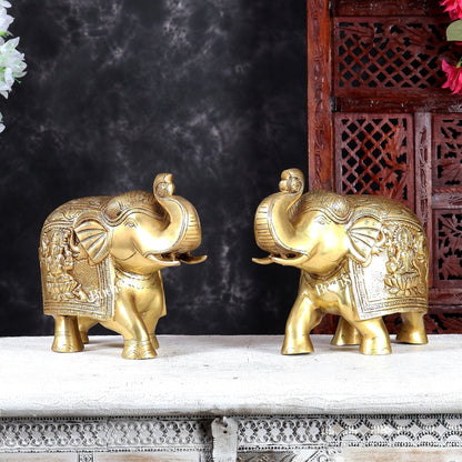 Brass Elephant with Gajalakshmi & Gaja Ganesha Carvings | Handcrafted Antique Finish | Pure Brass Vastu Décor - Budhshiv.com