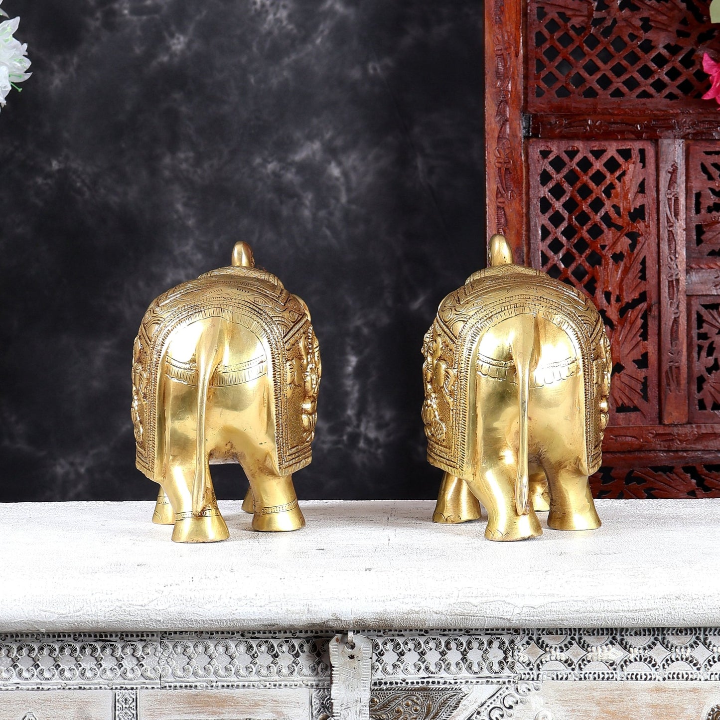 Brass Elephant with Gajalakshmi & Gaja Ganesha Carvings | Handcrafted Antique Finish | Pure Brass Vastu Décor - Budhshiv.com
