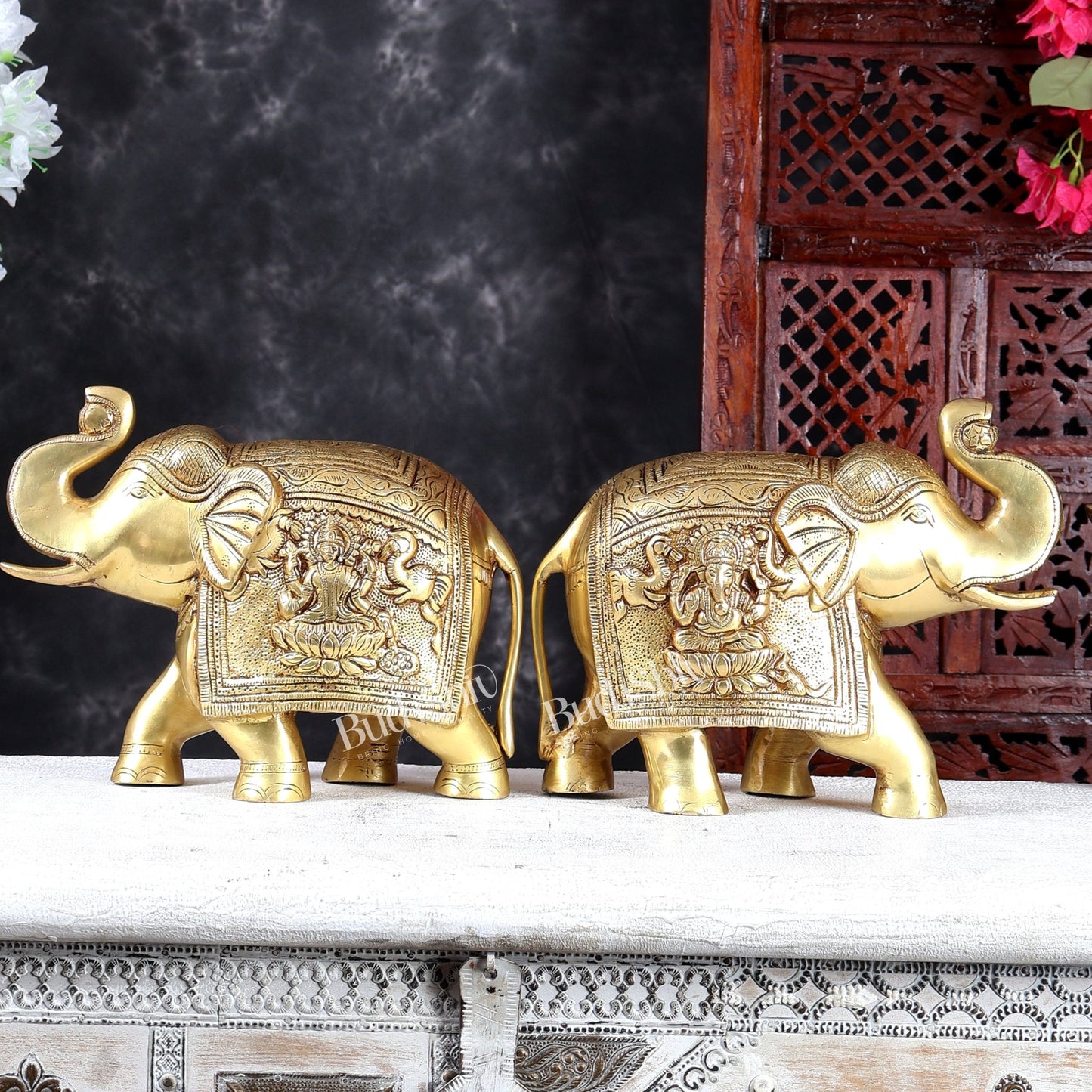 Brass Elephant with Gajalakshmi & Gaja Ganesha Carvings | Handcrafted Antique Finish | Pure Brass Vastu Décor - Budhshiv.com