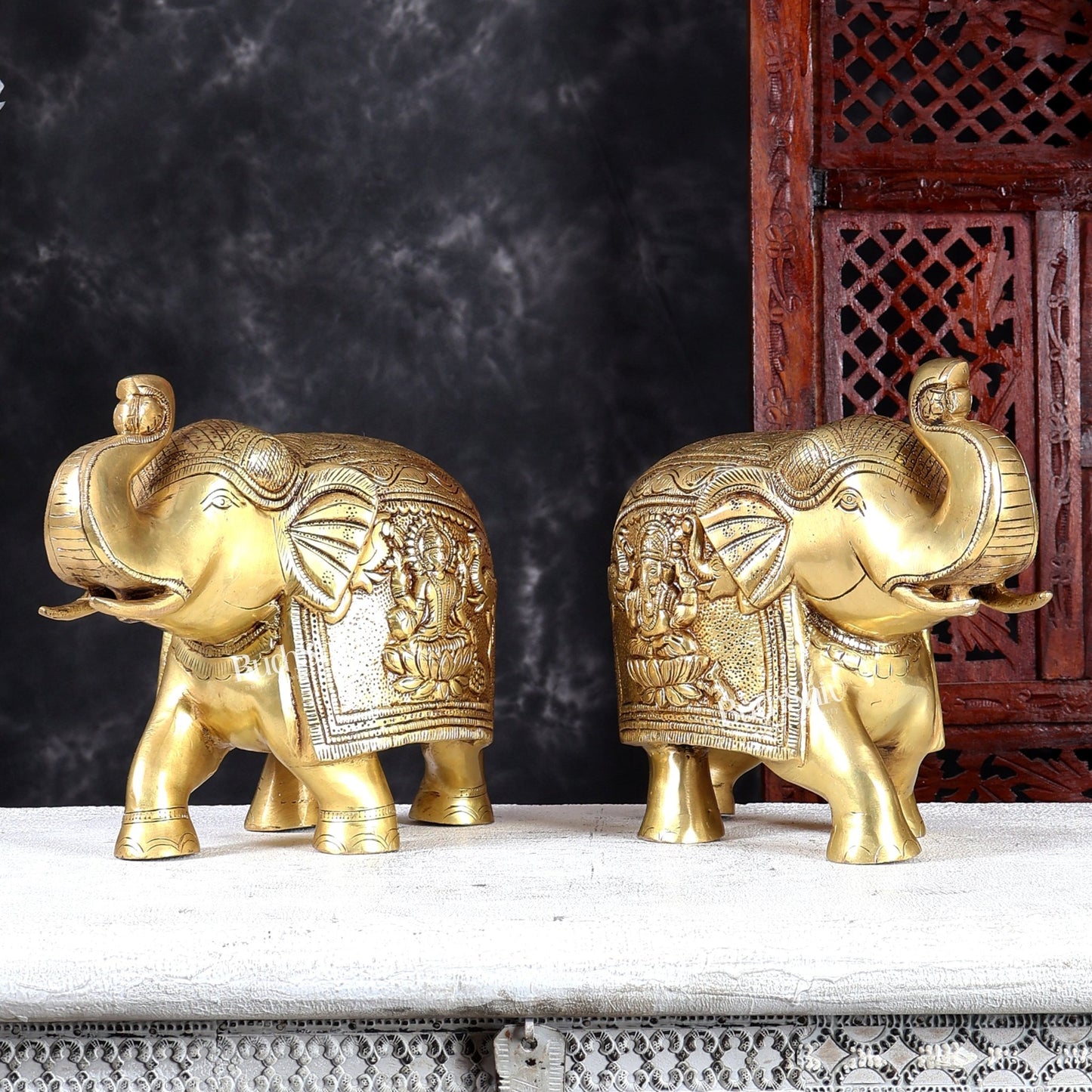 Brass Elephant with Gajalakshmi & Gaja Ganesha Carvings | Handcrafted Antique Finish | Pure Brass Vastu Décor - Budhshiv.com