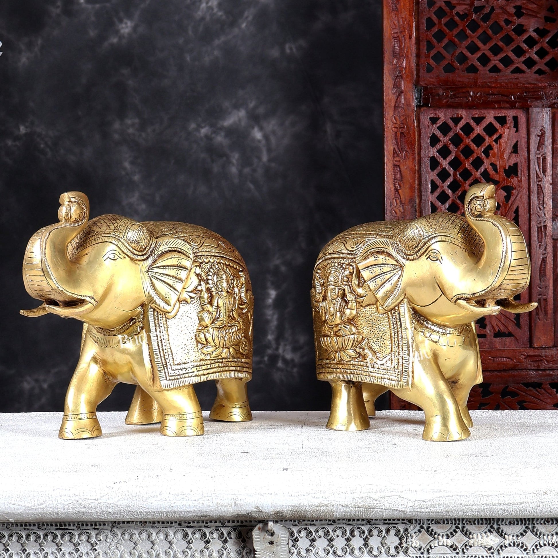 Brass Elephant with Gajalakshmi & Gaja Ganesha Carvings | Handcrafted Antique Finish | Pure Brass Vastu Décor - Budhshiv.com