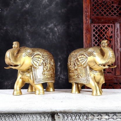 Brass Elephant with Gajalakshmi & Gaja Ganesha Carvings | Handcrafted Antique Finish | Pure Brass Vastu Décor - Budhshiv.com