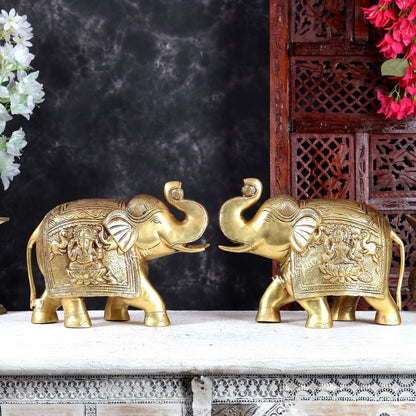 Brass Elephant with Gajalakshmi & Gaja Ganesha Carvings | Handcrafted Antique Finish | Pure Brass Vastu Décor - Budhshiv.com