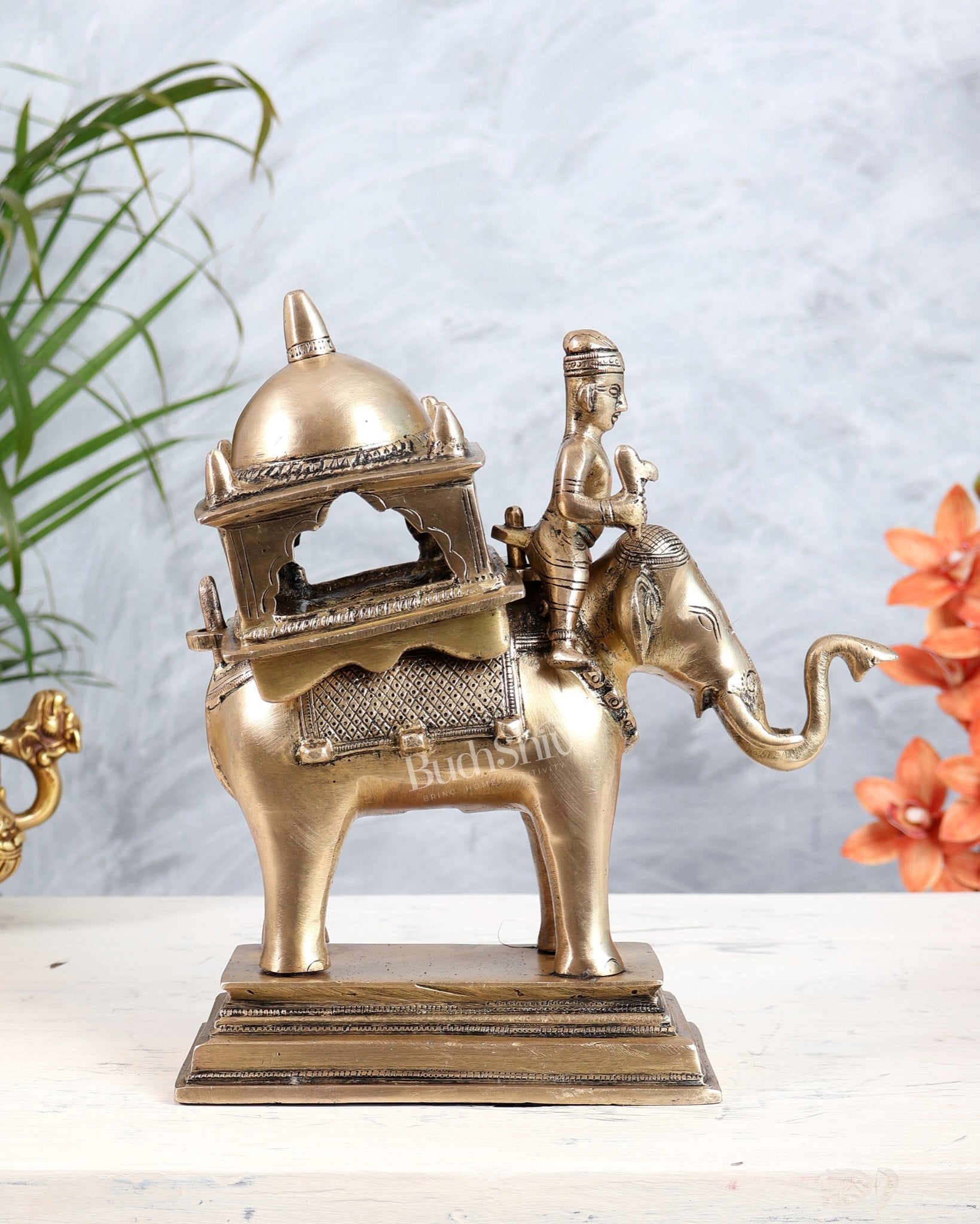 Brass Elephant with Rider and Royal Palki Showpiece | Maharaja Elephant Sculpture - Budhshiv.com