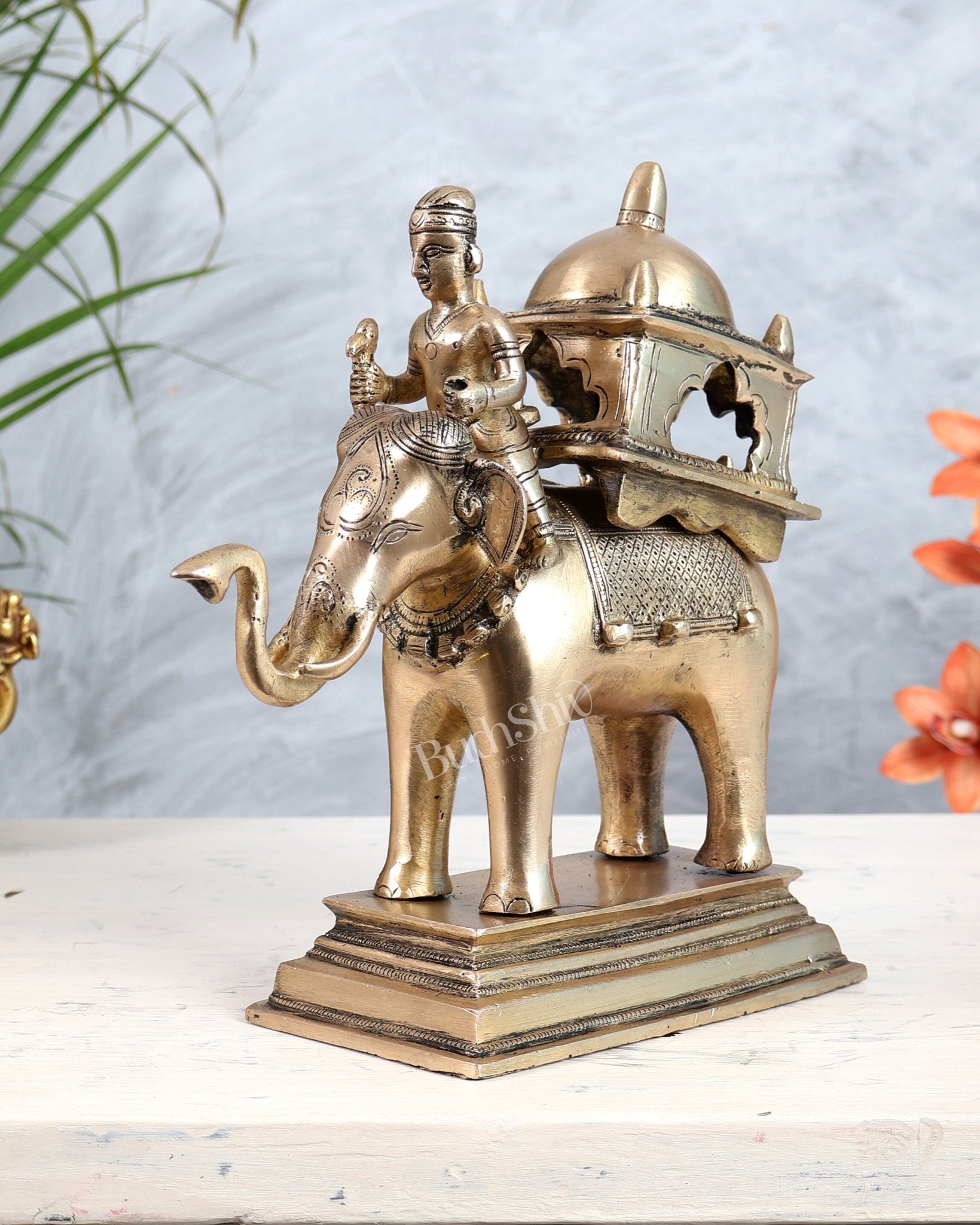 Brass Elephant with Rider and Royal Palki Showpiece | Maharaja Elephant Sculpture - Budhshiv.com