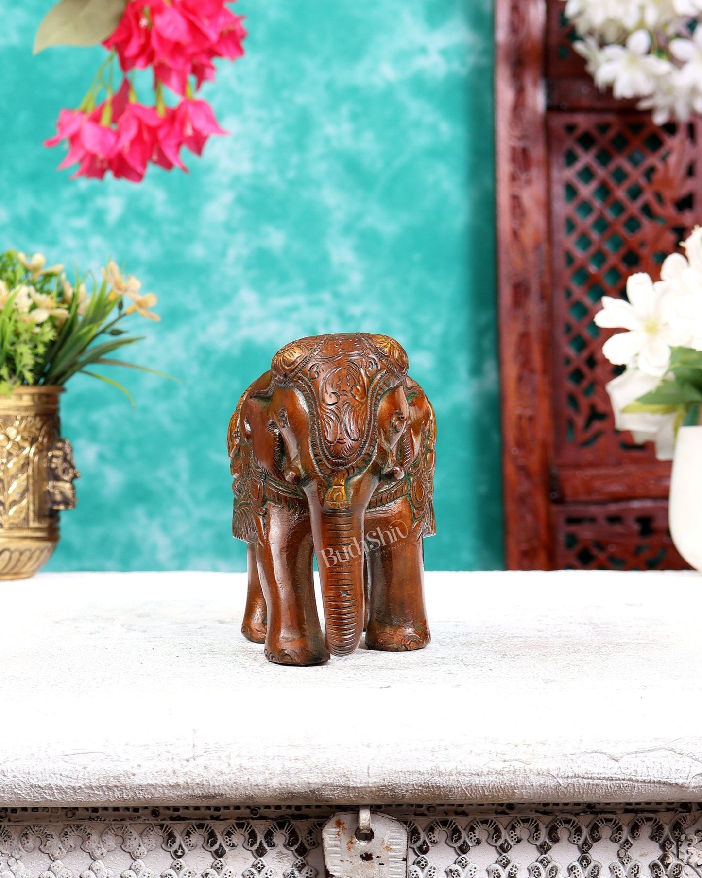 Brass Elephant with Trunk Down, Ganesha & Shiva Carvings – Brown Tone 6 inch - Budhshiv.com