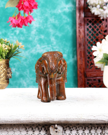 Brass Elephant with Trunk Down, Ganesha & Shiva Carvings – Brown Tone 6 inch - Budhshiv.com