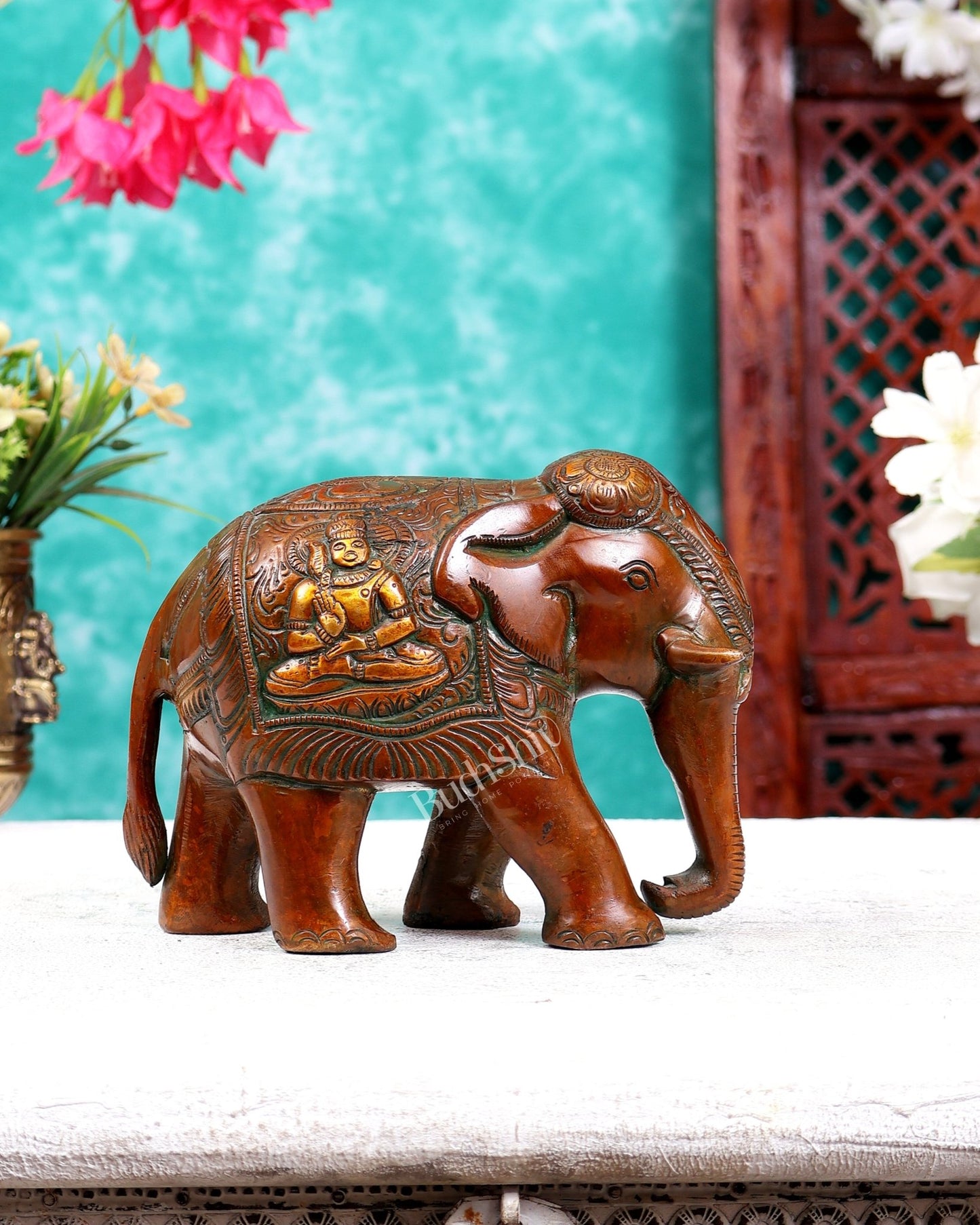 Brass Elephant with Trunk Down, Ganesha & Shiva Carvings – Brown Tone 6 inch - Budhshiv.com