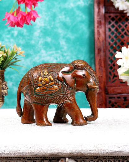 Brass Elephant with Trunk Down, Ganesha & Shiva Carvings – Brown Tone 6 inch - Budhshiv.com