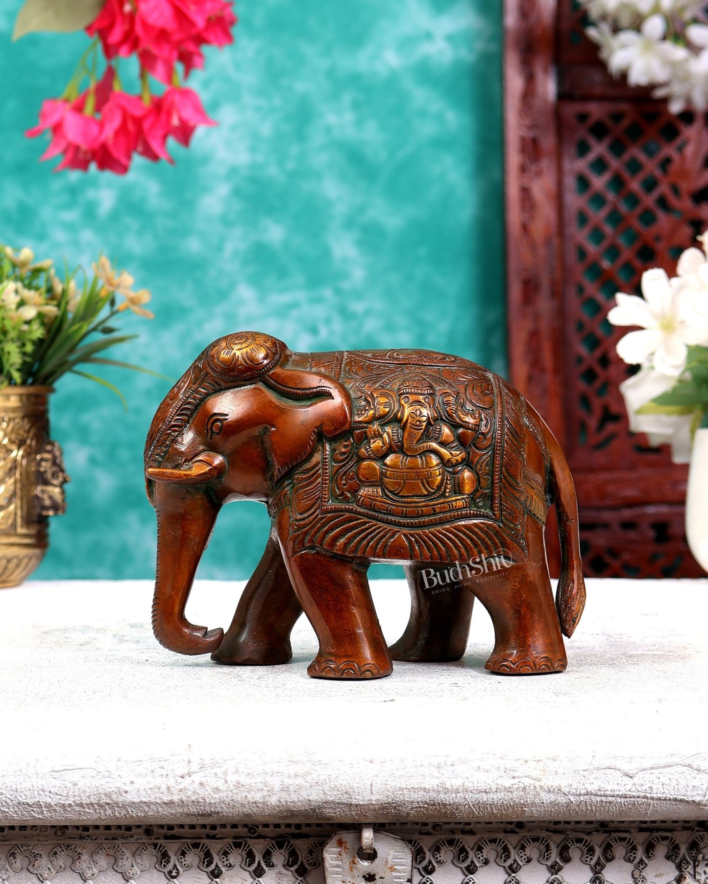 Brass Elephant with Trunk Down, Ganesha & Shiva Carvings – Brown Tone 6 inch - Budhshiv.com