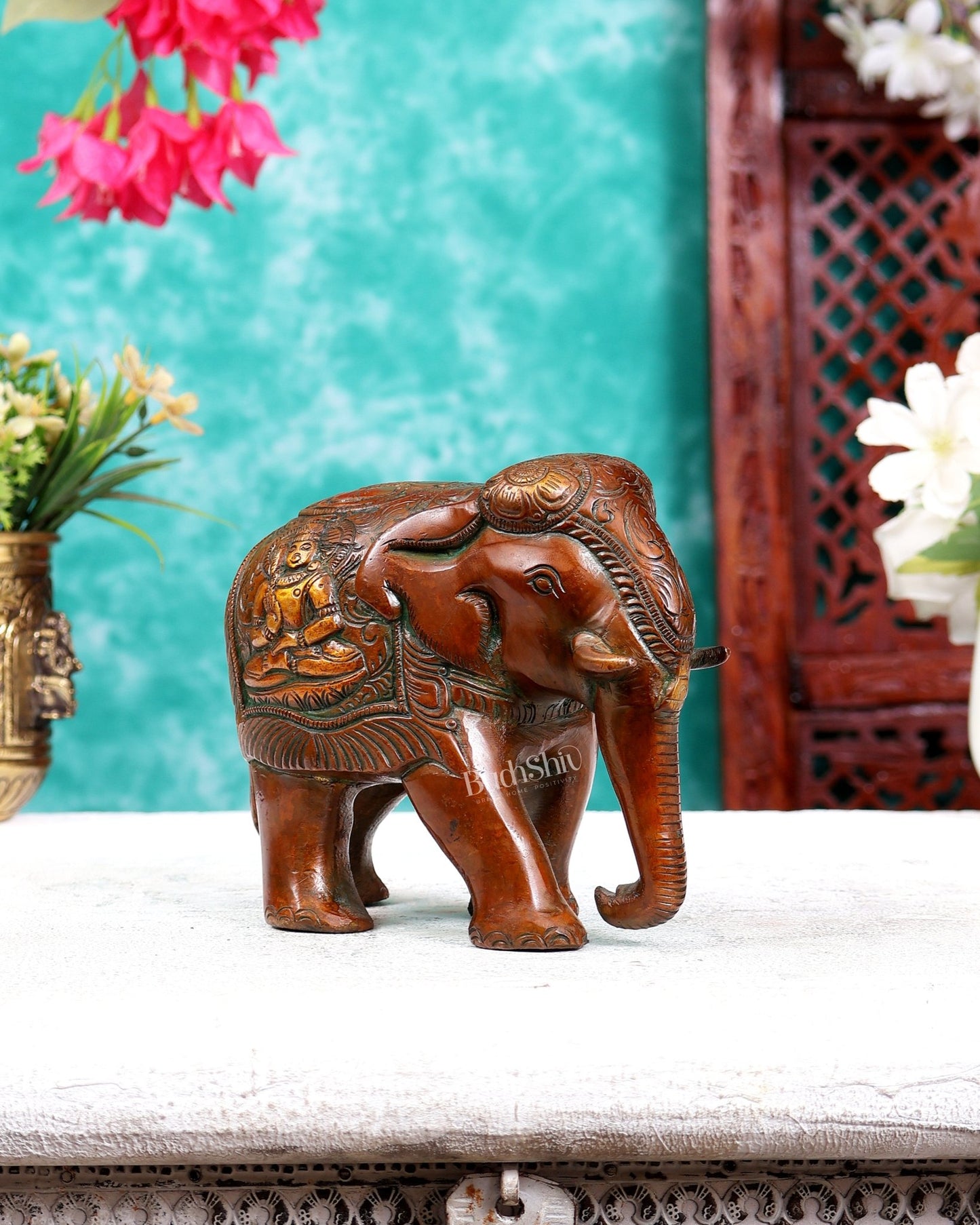Brass Elephant with Trunk Down, Ganesha & Shiva Carvings – Brown Tone 6 inch - Budhshiv.com