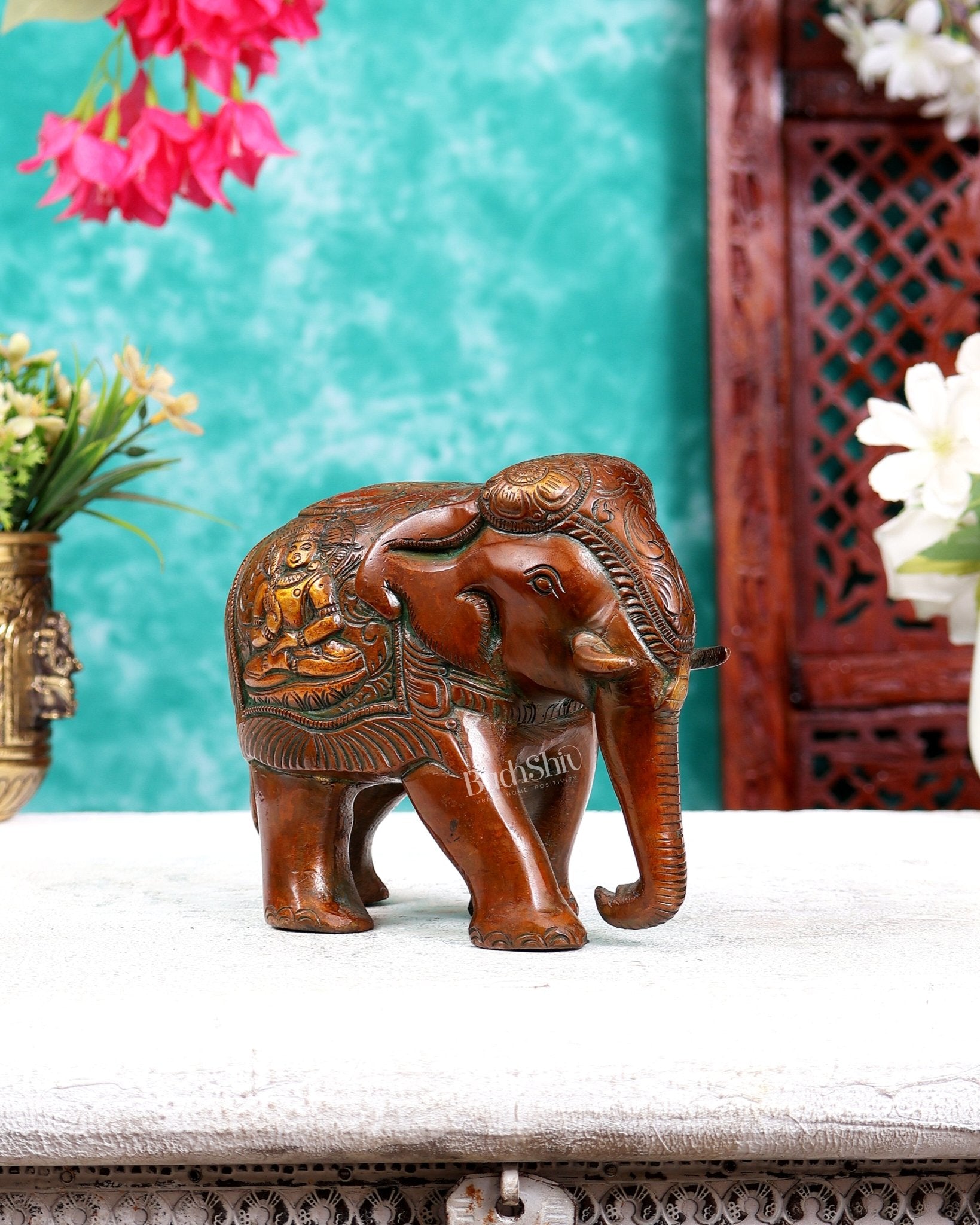 Brass Elephant with Trunk Down, Ganesha & Shiva Carvings – Brown Tone 6 inch - Budhshiv.com