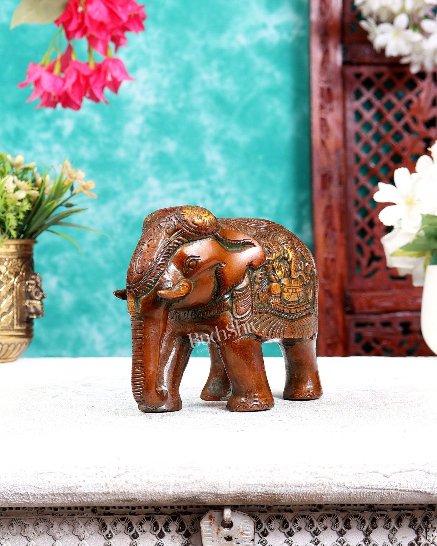 Brass Elephant with Trunk Down, Ganesha & Shiva Carvings – Brown Tone 6 inch - Budhshiv.com