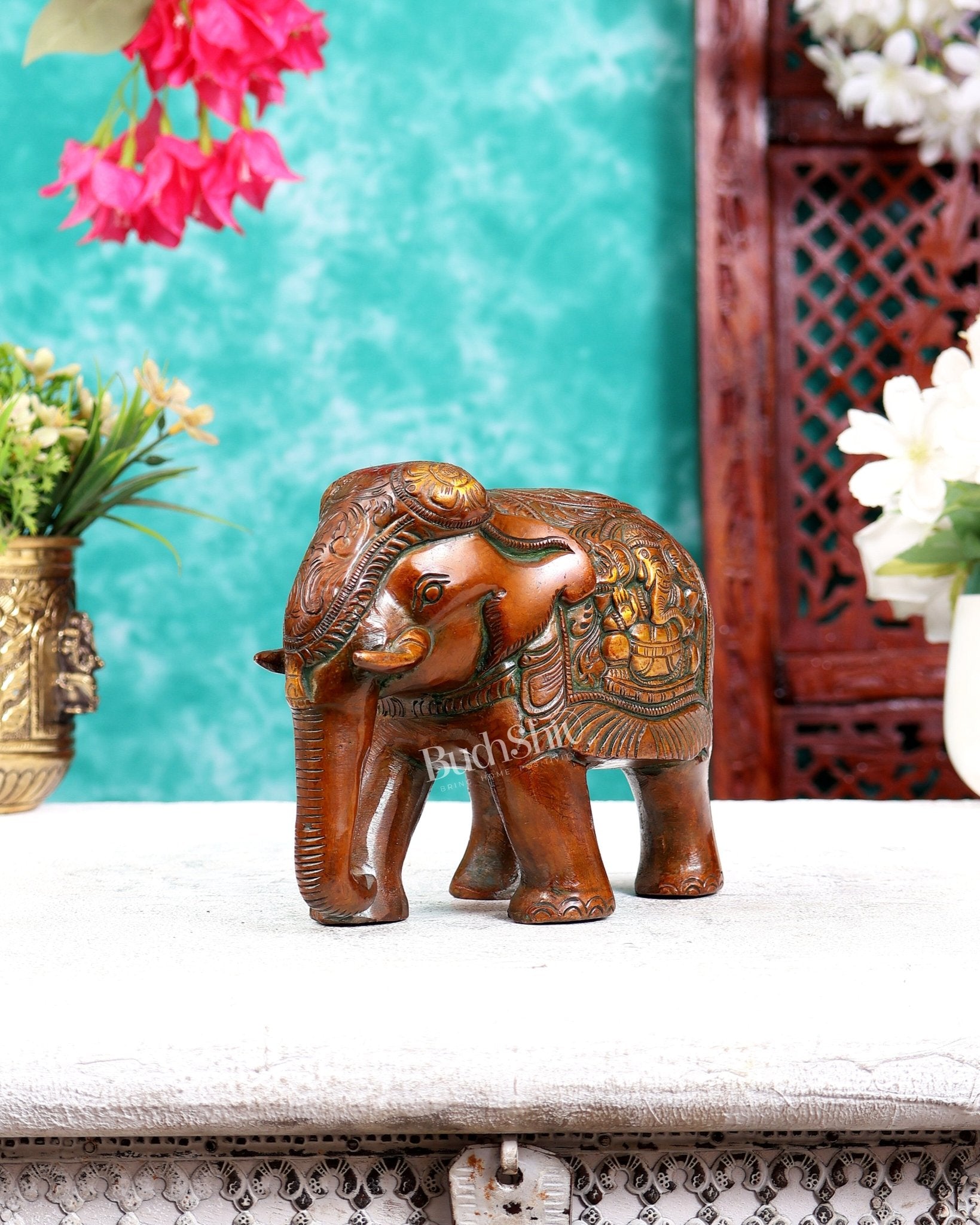 Brass Elephant with Trunk Down, Ganesha & Shiva Carvings – Brown Tone 6 inch - Budhshiv.com