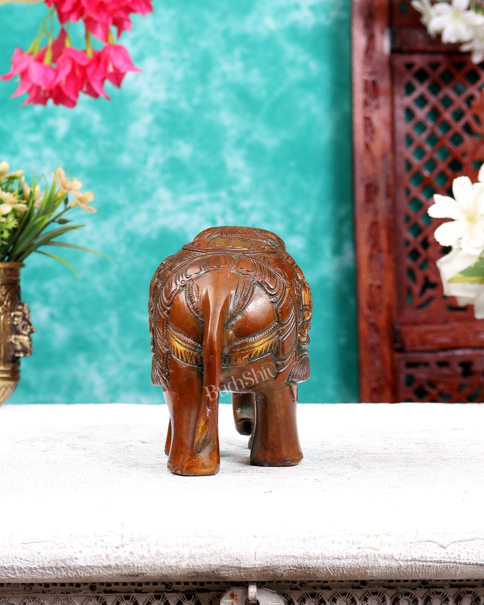 Brass Elephant with Trunk Down, Ganesha & Shiva Carvings – Brown Tone 6 inch - Budhshiv.com
