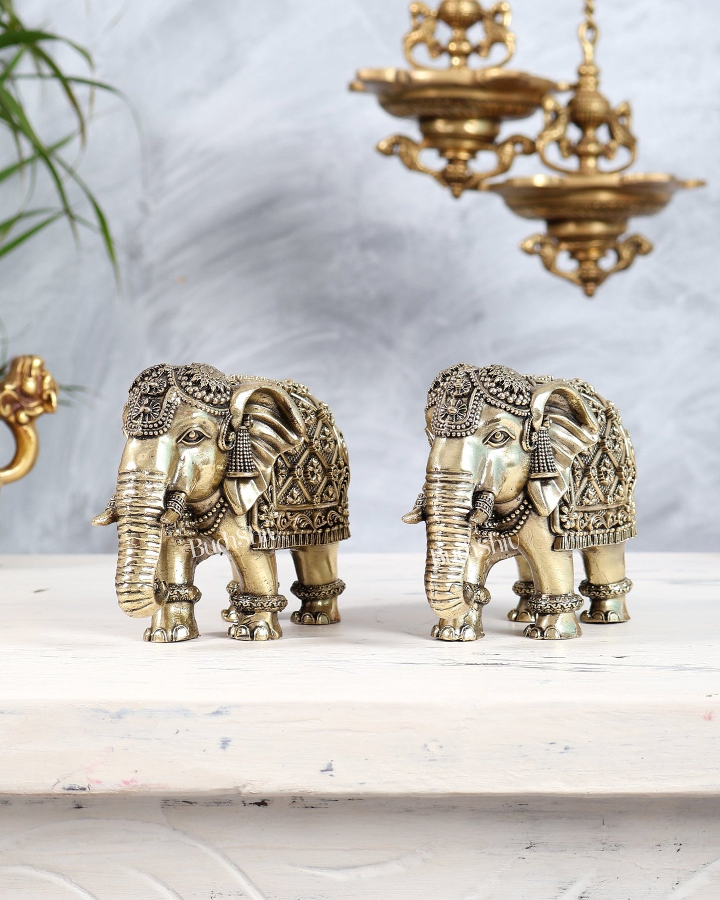Brass Elephants pair Showpiece with Trunk Down 5 inch wide - Budhshiv.com