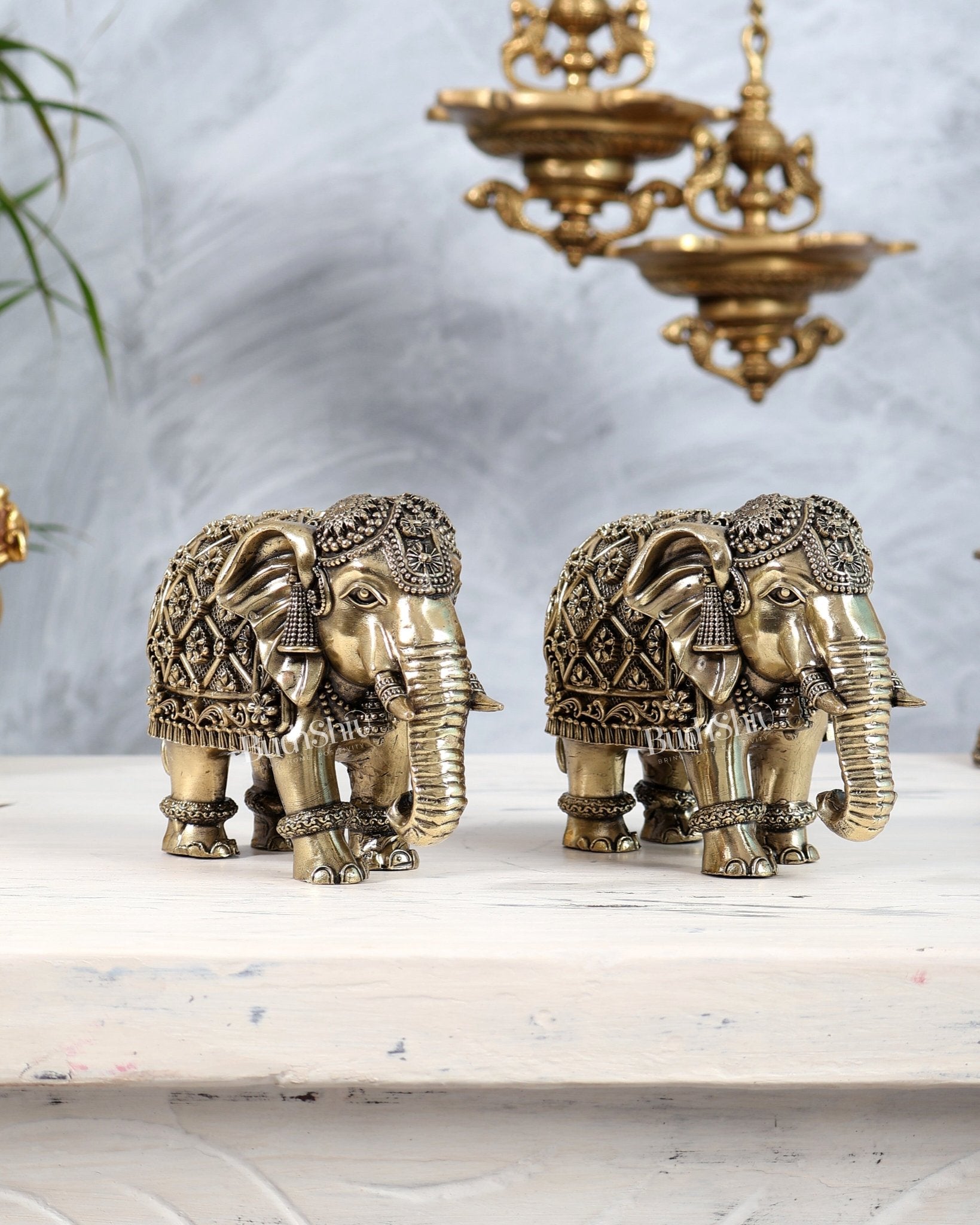 Brass Elephants pair Showpiece with Trunk Down 5 inch wide - Budhshiv.com