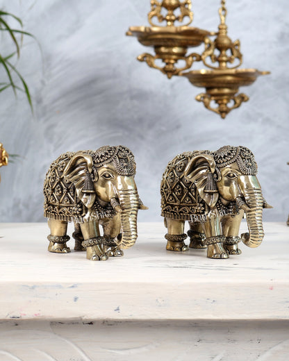 Brass Elephants pair Showpiece with Trunk Down 5 inch wide - Budhshiv.com