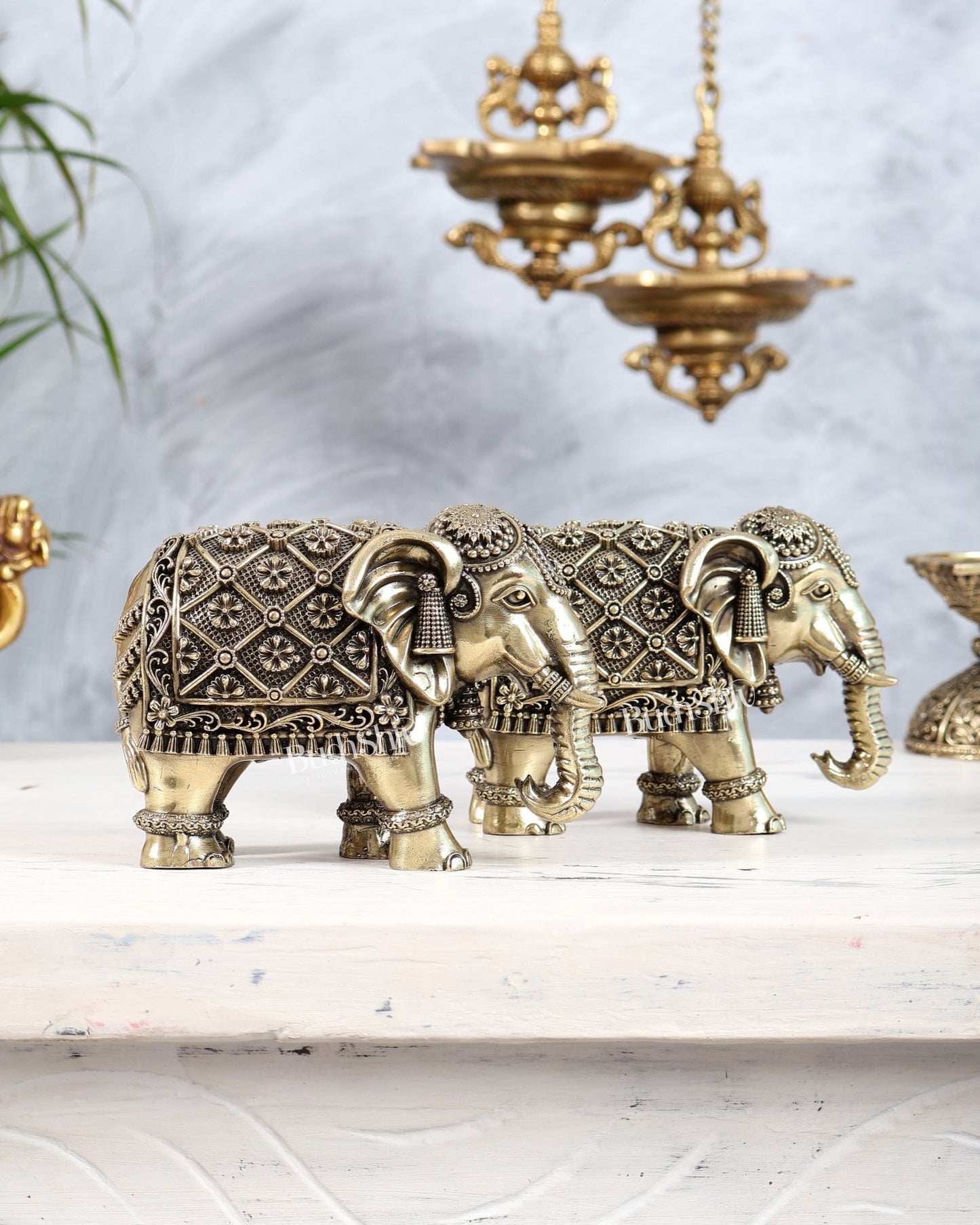 Brass Elephants pair Showpiece with Trunk Down 5 inch wide - Budhshiv.com