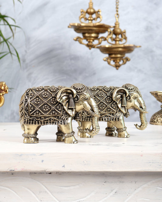 Brass Elephants pair Showpiece with Trunk Down 5 inch wide - Budhshiv.com