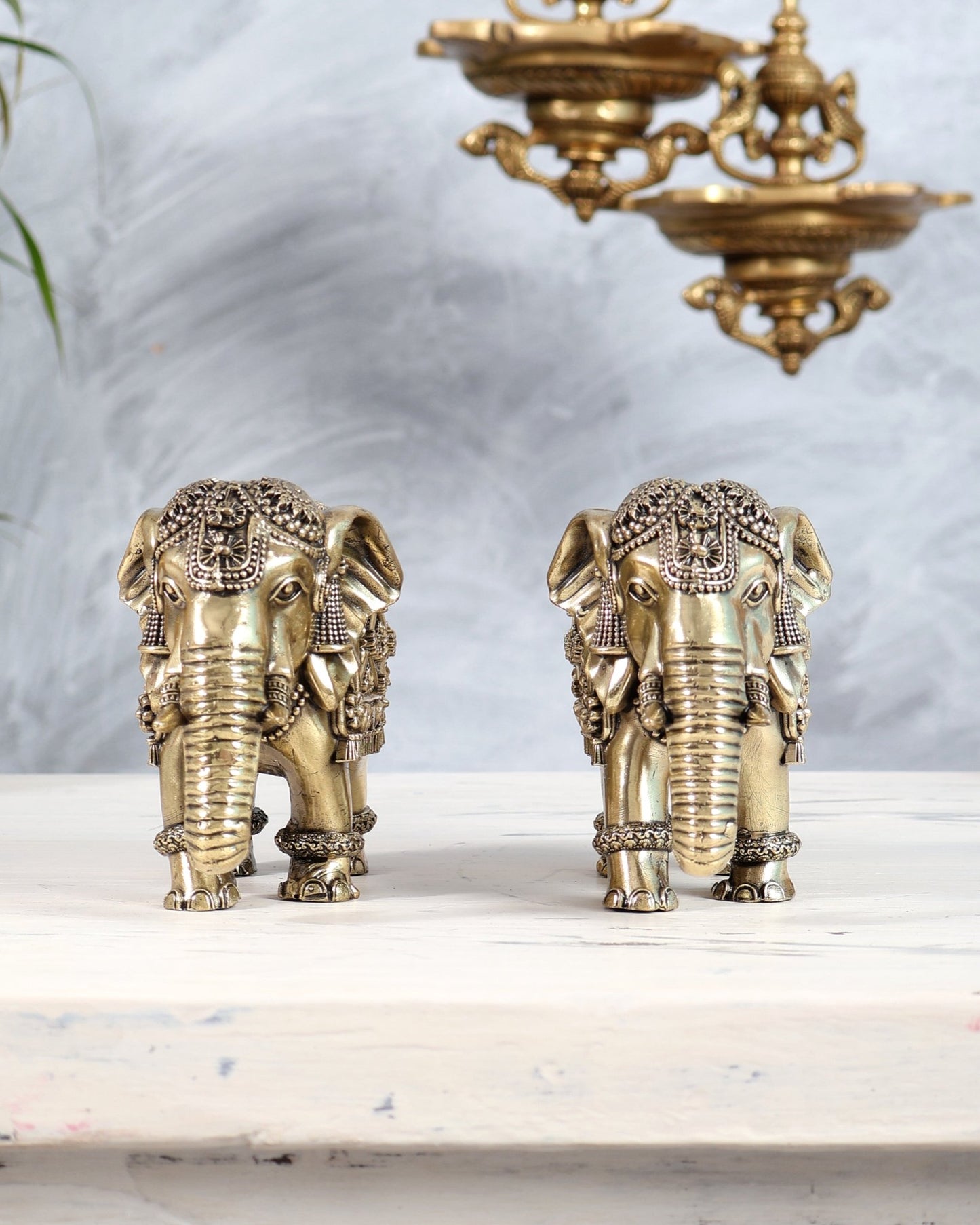 Brass Elephants pair Showpiece with Trunk Down 5 inch wide - Budhshiv.com