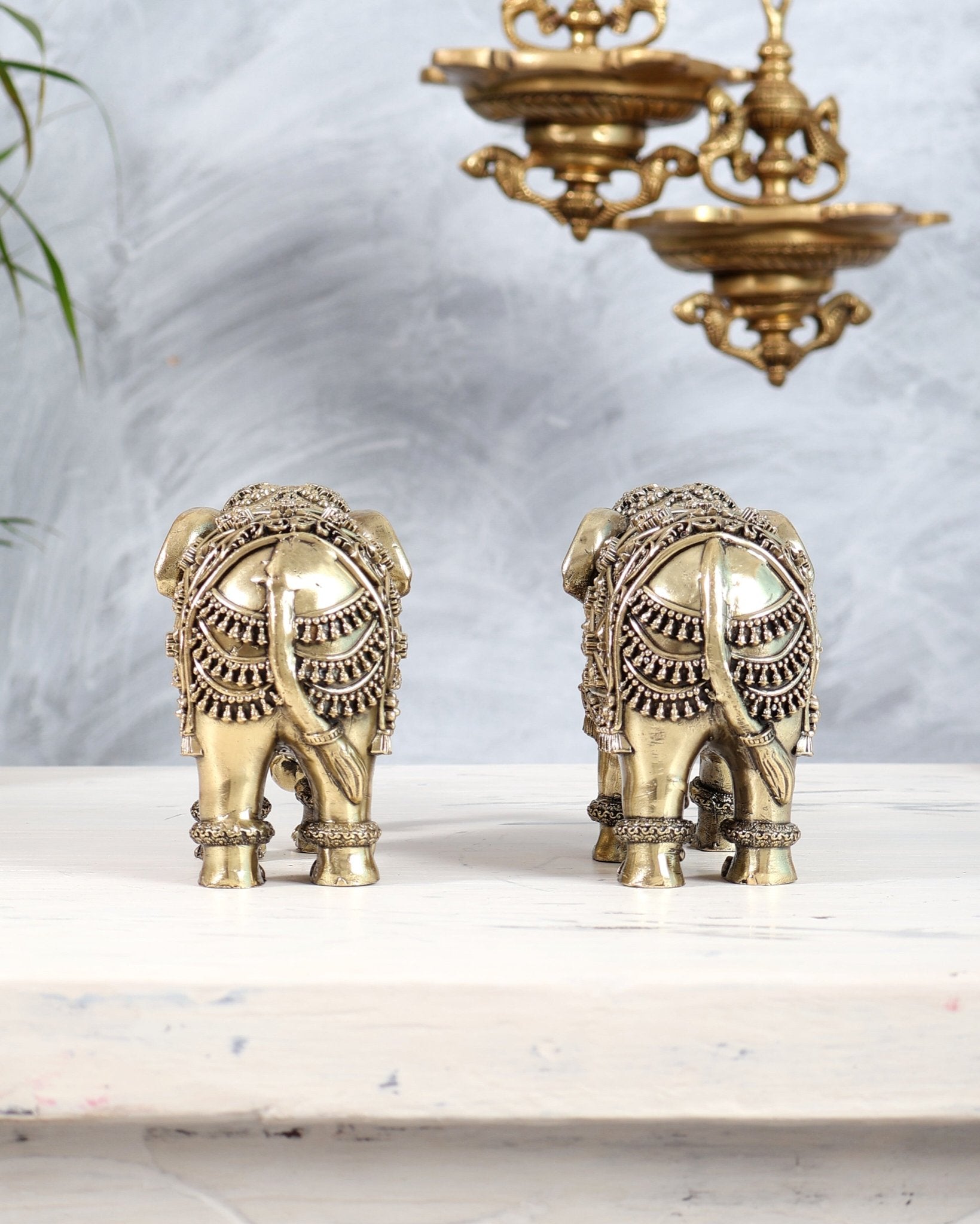 Brass Elephants pair Showpiece with Trunk Down 5 inch wide - Budhshiv.com