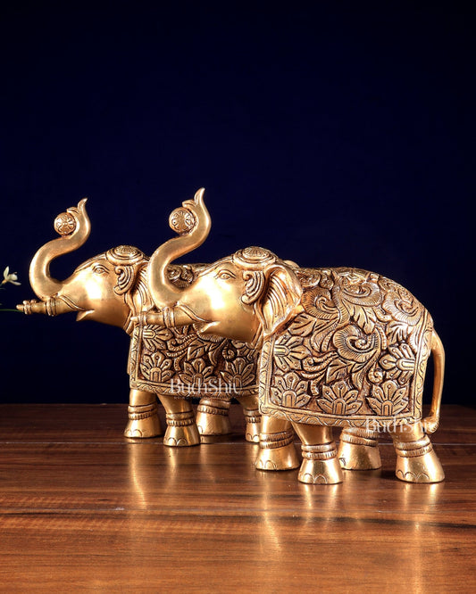 Brass Engraved elephant Statue table accent 7" pair - Budhshiv.com