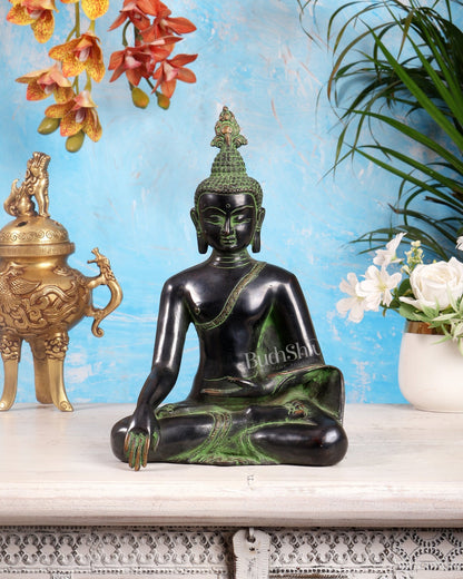 Brass Enlightened Buddha Statue – Bhoomi Sparsha Mudra (Black & Green Tone) 11 inch - Budhshiv.com