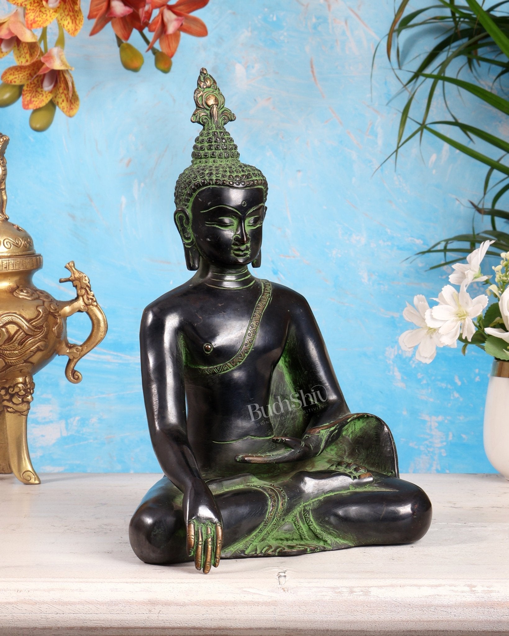 Brass Enlightened Buddha Statue – Bhoomi Sparsha Mudra (Black & Green Tone) 11 inch - Budhshiv.com