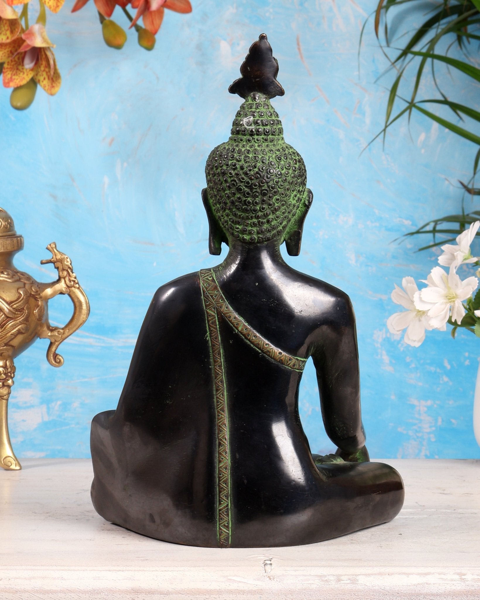 Brass Enlightened Buddha Statue – Bhoomi Sparsha Mudra (Black & Green Tone) 11 inch - Budhshiv.com